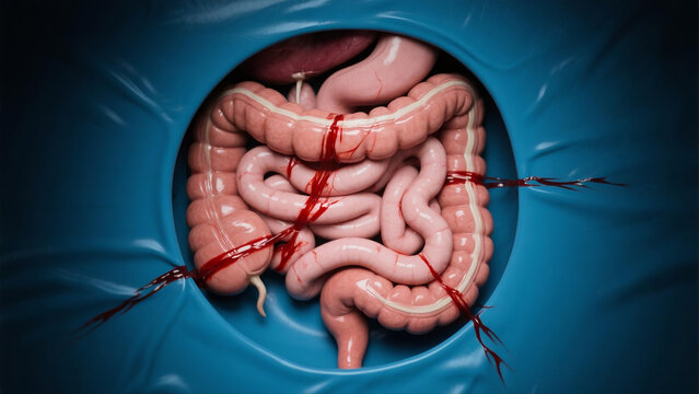 Medical illustration showing intestinal adhesions, abnormal fibrous tissue connections forming between intestinal segments after abdominal surgeries or inflammation. This gastrointestinal disorder tri