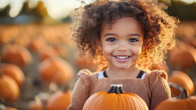 child with curly hair holding a bright orange pumpkin in a sunlit pumpkin patch, wearing a cozy sweater and radiating warm autumn joy