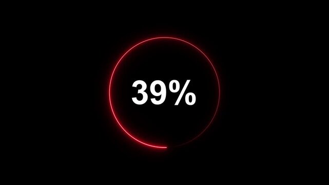 Neon red circular loading progress bar animation with 39 percent counter on black background, for digital interface, and ui
