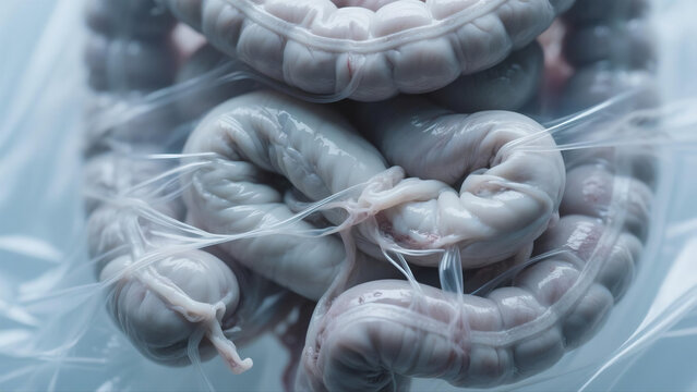 Medical illustration showing intestinal adhesions, abnormal fibrous tissue connections forming between intestinal segments after abdominal surgeries or inflammation. This gastrointestinal disorder tri