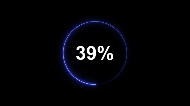 Glowing blue circular loading progress bar animation with 39 percent counter on black background circle