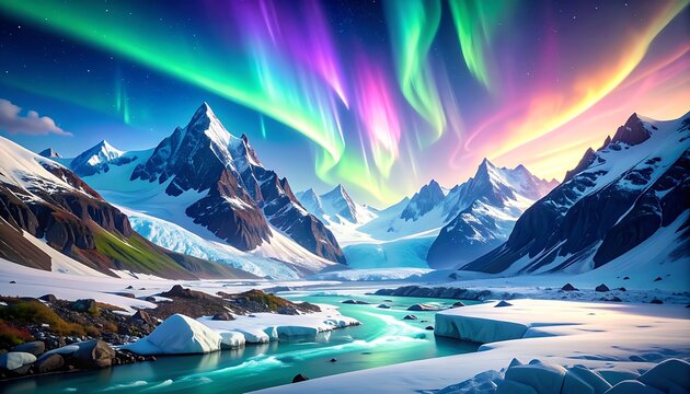 Vibrant aurora borealis dancing over snow-capped mountains and icy waters