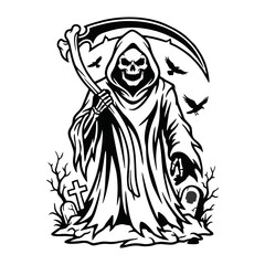Obraz premium Spooky Grim Reaper figure with scythe standing in a graveyard at night surrounded by bare trees and flying birds creating a mysterious and frightening scene for Halloween or horror themed