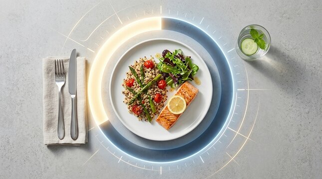 Time restricted eating, intermittent fasting, healthy meal timing concept with plate and glowing clock ring.