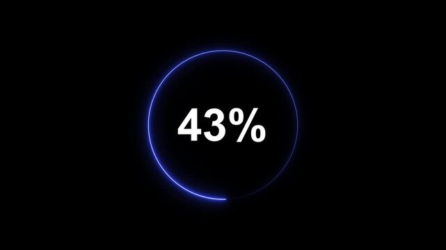 Glowing blue circular progress bar animation showing 43 percent loading status on black background, for digital interface, and ui