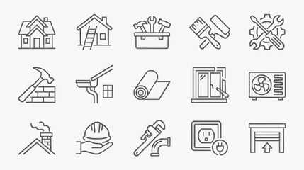 Fototapeta premium Corporate Line Icons Set of Monochrome Construction and Home Repair Tools and Equipment for Business Presentations