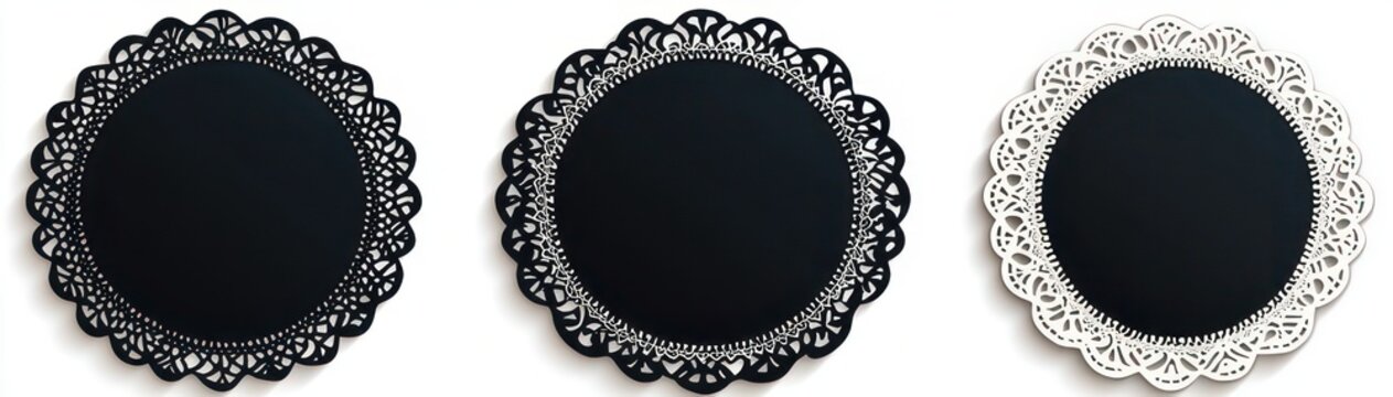 three round black chalkboard discs with ornate scalloped lace doily borders (two black, one white) on white background, elegant vintage decorative feel