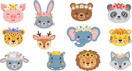 Cute cartoon animal faces wearing flower crowns collection of spring safari and woodland livestock characters sticker set vector © Mijanur
