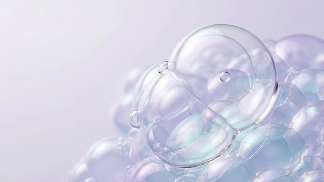 Macro 3D animation of a liquid droplet falling and merging on iridescent bubbles. Abstract scientific cell division and skincare hydration concept. Clean pastel background