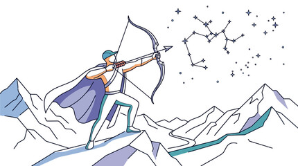 Obraz premium Modern vector illustration of a Sagittarius archer with a cape aiming a bow at the starry constellation in the night sky above a snowy mountain landscape and winding river.
