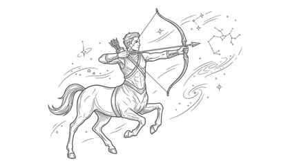 Obraz premium Sagittarius Zodiac Centaur Archer Illustration Aiming Bow and Arrow with Constellation, Stars, and Galaxy Elements in Black and White Line Art Style on a White Background