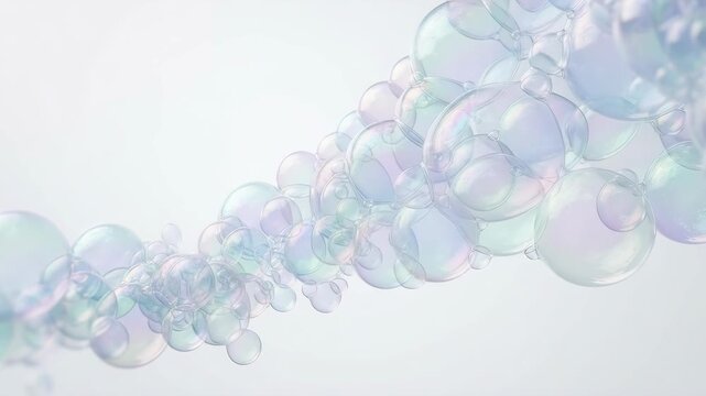 Iridescent soap bubbles floating across a white background. Abstract liquid forms and foam