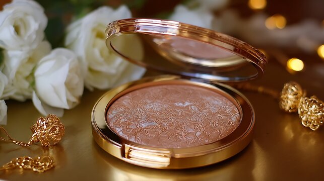 A luxurious bronzer compact with a delicate embossing, surrounded by soft shadows