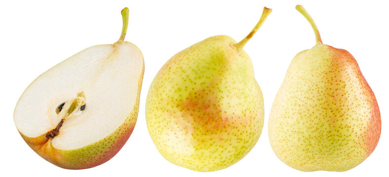 Three ripe pears including a sliced one isolated on a white background