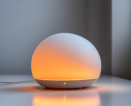 minimal dome table lamp with warm orange glow, small indicator light and cord on glossy white surface in a calm cozy interior