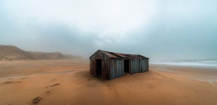 rusted corrugated metal shack on an empty windswept sandy beach with dunes and misty ocean under a low overcast sky, evoking loneliness and desolation