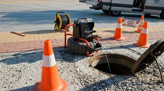 CCTV Sewer Inspection Camera System Near Open Manhole | Urban Utility Maintenance Site with Safety Traffic Cones | Survey Crew Equipment Diagnosing Underground Drain Pipeline | Sewer Line Inspection