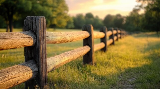Sunlit wooden split-rail fence leading through a grassy meadow toward distant trees at golden hour, peaceful tranquil rural scene