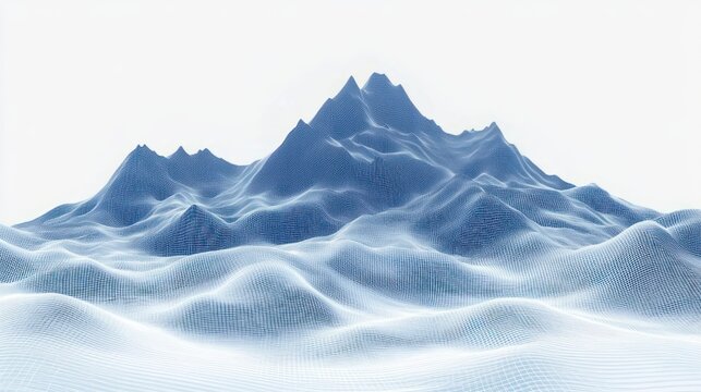 Serene blue wireframe mountain landscape with grid mesh, soft mist and minimal white background evoking futuristic calm