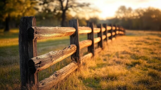 sunlit weathered wooden fence stretching through a golden meadow at sunset, peaceful and serene