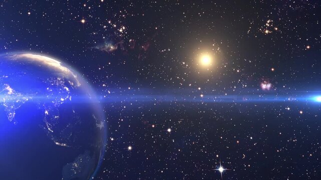 Space view of Earth with glow Sun in universe animation. 