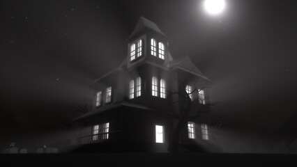 A haunted house stands under a full moon, its windows glowing with eerie light. Mist swirls around the structure, partially obscuring its Gothic architecture and bare trees nearby.   © Piotr Adamczyk