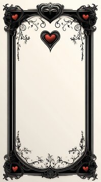 ornate black filigree frame with red heart motifs at corners and top, floral scrollwork on a cream background, romantic elegant decorative border with empty central space