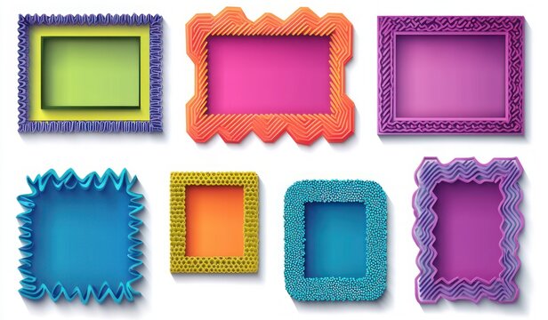Eight colorful textured rectangular decorative frames with varied zigzag, ruffle, bead and scalloped patterns on white background, playful and vibrant mood