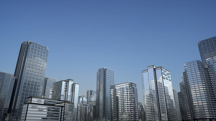 Obraz premium Glass skyscrapers stand tall under clear blue sky, reflecting sunlight with sharp geometric patterns. Modern urban architecture dominates the frame with clean lines and mirrored facades.