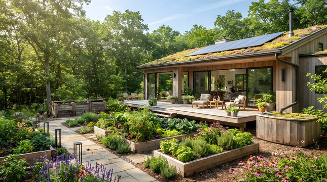 Modern Eco-Friendly Home with Sustainable Green Roof, Solar Panels, and Organic Vegetable Garden in a Lush Forest Setting