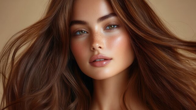 Close-up portrait of a young woman with long flowing brown hair, freckles, green eyes and glowing dewy skin with a soft confident expression against a neutral background