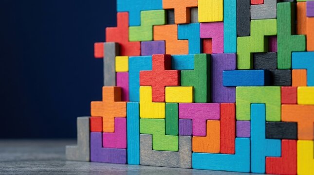 Colorful puzzle blocks, problem solving, creative solution concept with stacked wooden pieces.