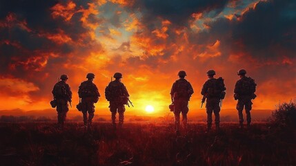Fototapeta premium Six soldier silhouettes standing in a grassy field at a dramatic orange sunset, rifles and helmets visible, evoking solemn camaraderie and determined resolve