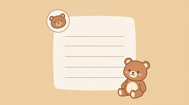 Cute teddy bear sitting on a white notepad