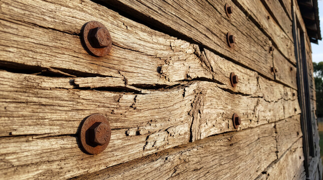 Texture 124 Rusty Metal Bolts on Weathered Old Wooden Wall in Sunlight