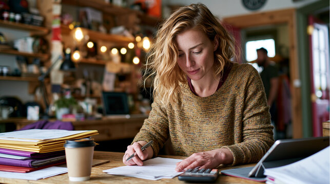 Travel customer in a small shop back office reviewing business insurance policy papers with tablet calculator and coffee on a realistic commercial photo