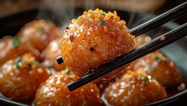 steaming glossy bite-sized savory balls in sticky glaze held by chopsticks over a bowl, topped with crispy crumbs and chopped herbs, warm and appetizing