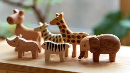 Obraz premium A collection of handcrafted wooden animal figurines including elephant zebra giraffe rhino and horse arranged on a light wood surface