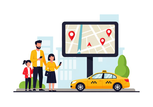 Vector flat design illustration of a family using a mobile app to hail a taxi with a city map showing locations