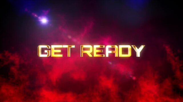 3D animation of Get Ready glow gold glitch text digital effect with particles and flare light cinematic title background. Ending cover for intro, title banner. colorful retro gaming console style.