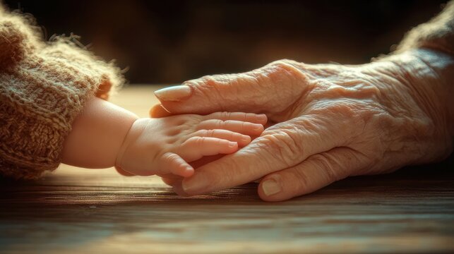 elderly wrinkled hand gently holding a baby's small hand on a wooden surface in warm soft light, conveying tenderness and intergenerational love