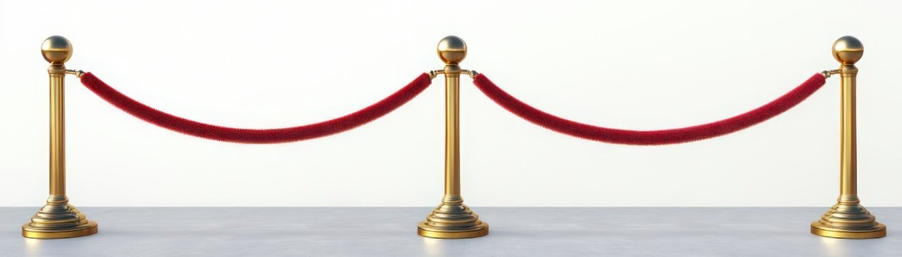 Three gold stanchions connected by red velvet ropes on a white floor, conveying elegant exclusivity and anticipation