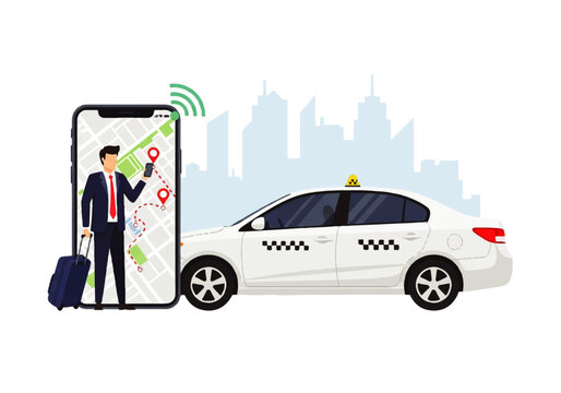 Vector flat design illustration of a businessman with luggage using a navigation app to hail a taxi in a city skyline