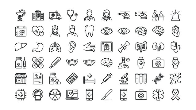 Comprehensive modern medical and healthcare outline icons depicting human anatomy treatment hospital services and digital health tools