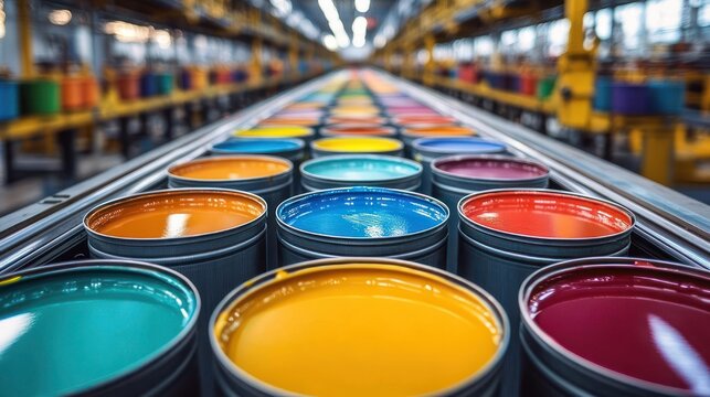 rows of open colorful paint cans on a conveyor in a bright industrial factory, vibrant and orderly atmosphere
