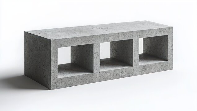 single rectangular concrete masonry block with three hollow cavities on white background, soft shadow, minimalist cold industrial mood