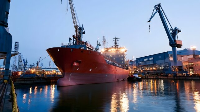 A massive red cargo ship is docked at an industrial port during twilight  surrounded by cranes and illuminated buildings reflecting on calm water