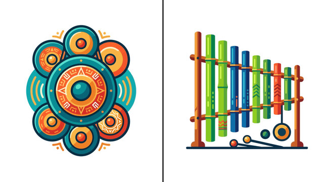 Traditional ethnic percussion and bamboo musical instruments vector set
