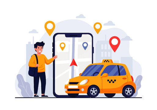 Vector flat design illustration of a man using a mobile app for taxi navigation with a yellow car and map pins