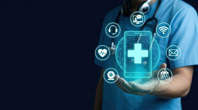 Mobile telemedicine, healthcare app, digital medical service concept with doctor holding health icon interface.
